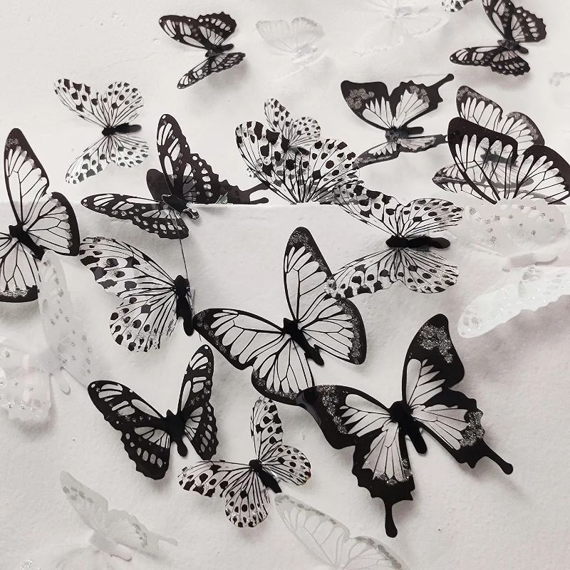 Photo 1 of 72 Pcs 3D Butterfly Wall Stickers Crystal White Black Butterfly Wall Decor