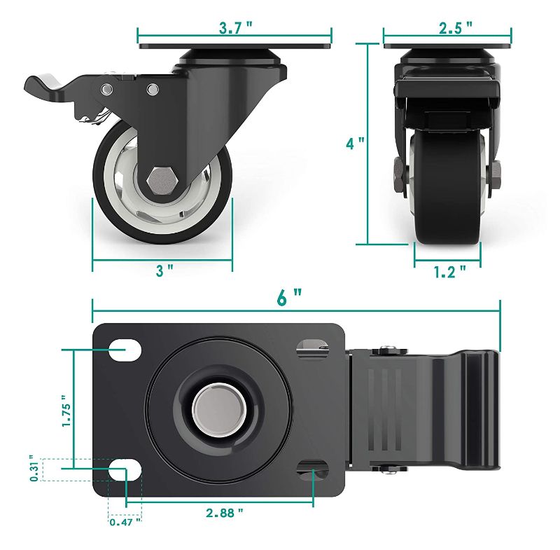 Photo 1 of 3 inch Swivel Caster Wheels with Top Plate and Bearing Heavy Duty with Total Lock Brake Total Capacity 1000lbs for Set of 4 Black (2 with Brakes and 2 Without)
