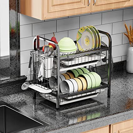 Photo 1 of ADOVEL Dish Drying Rack with Drainboard, Adjustable 2 Tier Dish Rack for Kitchen Counter, Stainless Steel - White
