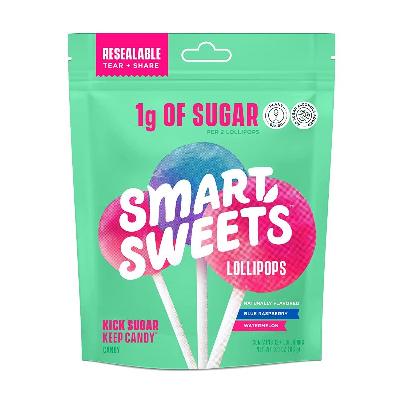 Photo 1 of 2 packs SmartSweets Lollipops, Blue Raspberry & Watermelon, Hard Candy with Low Sugar (1g), Low Calorie (60), No Artificial Sweeteners, Vegan, Gluten-Free, Non-GMO, Healthy Snack for Kids & Adults, 3oz
