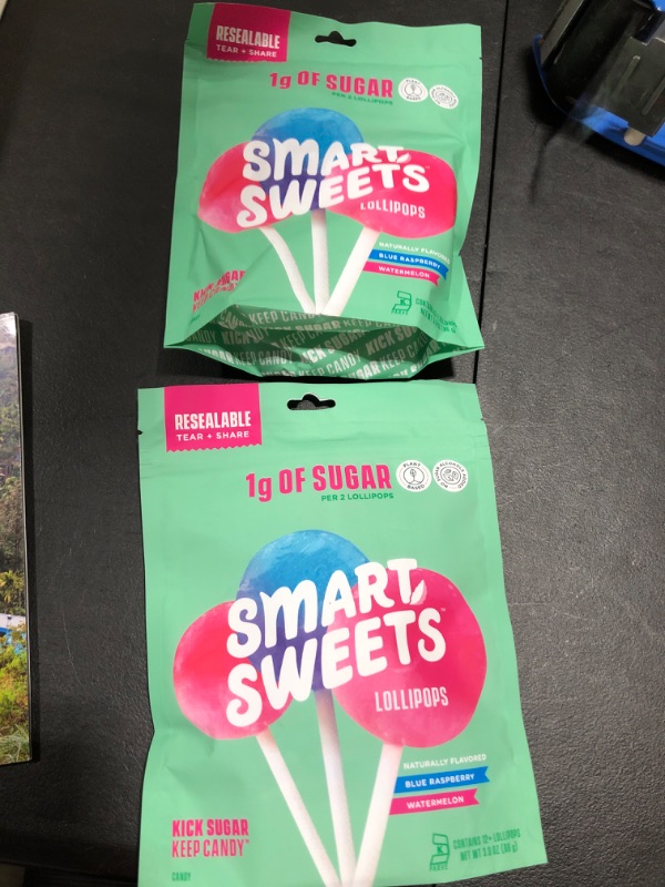 Photo 2 of 2 packs SmartSweets Lollipops, Blue Raspberry & Watermelon, Hard Candy with Low Sugar (1g), Low Calorie (60), No Artificial Sweeteners, Vegan, Gluten-Free, Non-GMO, Healthy Snack for Kids & Adults, 3oz
