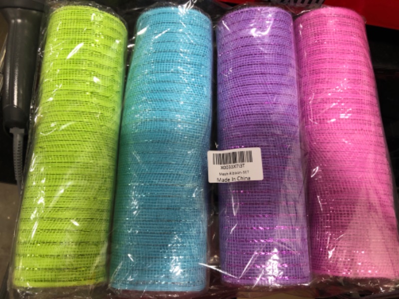 Photo 2 of 4 Rolls Deco Mesh Ribbon 10 inch x 30 feet Each Roll, Poly Mesh Metallic Foil Ribbon Easter Ribbon for Wreath Decoration DIY Crafts Making Supplies (GreenPurplePinkBlue)
