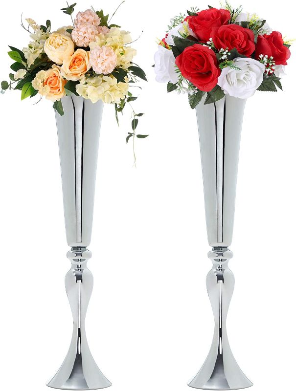 Photo 1 of 2 pcs Trumpet Vases for Centerpieces Vases for Living Room, (22"/56cm H) Tall Vase Wedding Centerpieces for Tables, Flower Stand and Wedding Table Decorations Silver Centerpieces for Party. (DKS56)
