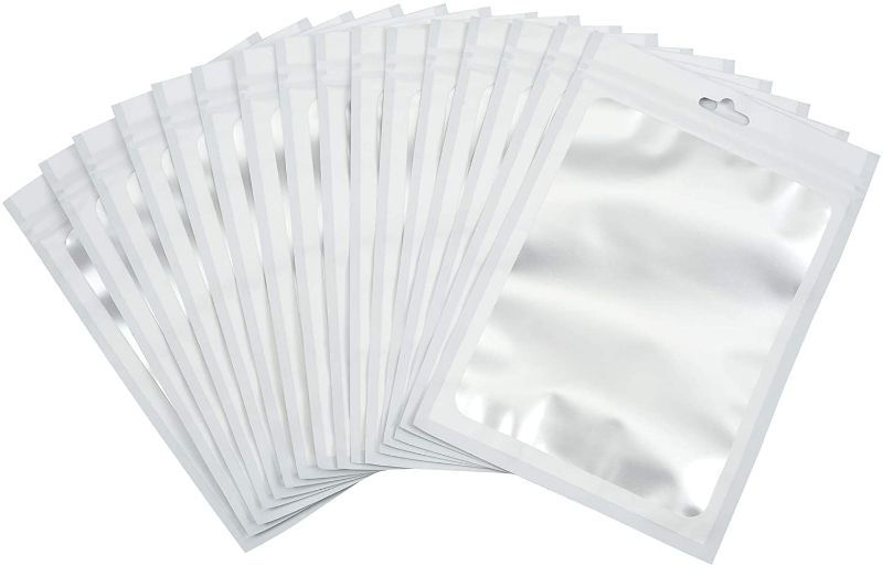 Photo 1 of 100-pack resealable mylar bags with front window Smell Proof bag packaging pouch bag for lip gloss eyelash cookies sample food jewelry electronics |flat|cute| (White, 4.72×7.87 inches)
