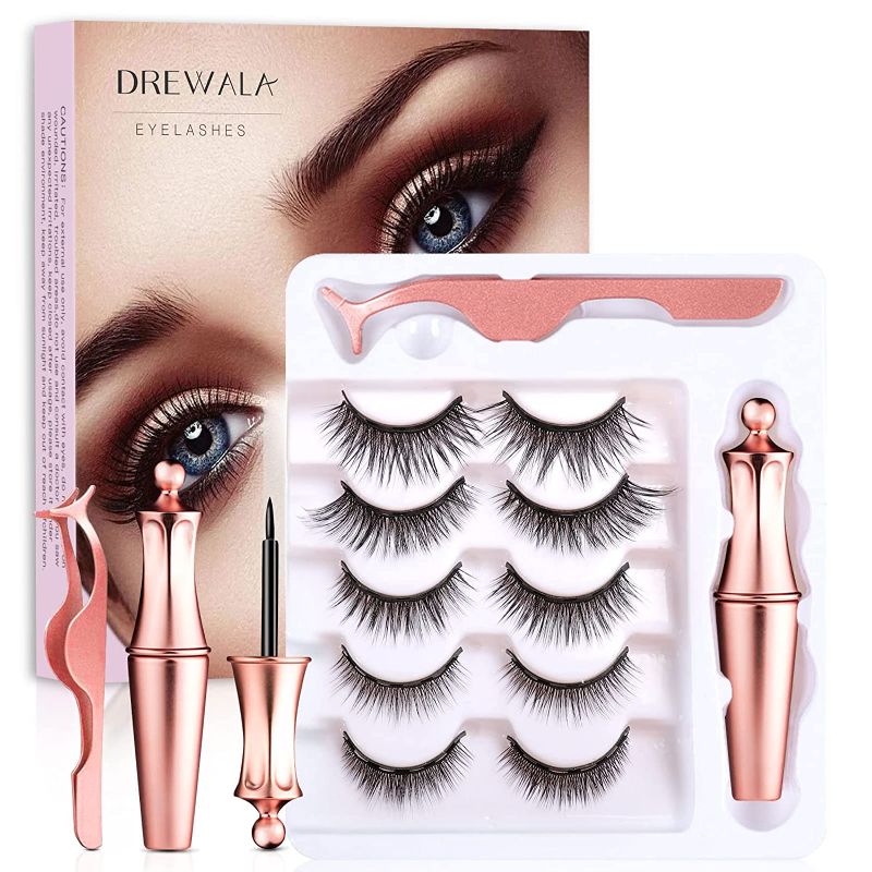 Photo 1 of DREWALA Magnetic Eyelashes with Eyeliner Kit, 5 Pairs Fake Eyelashes 3D Natural Look with Tweezer, Waterproof, Easy to Apply,Resuable, Long Lasting and No Glue Needed False Eyelashes Pack
**sealed**