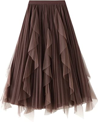 Photo 1 of Dirholl Women's A-Line Fairy Elastic Waist Tulle Midi Skirt Scallop Coffee S/M
