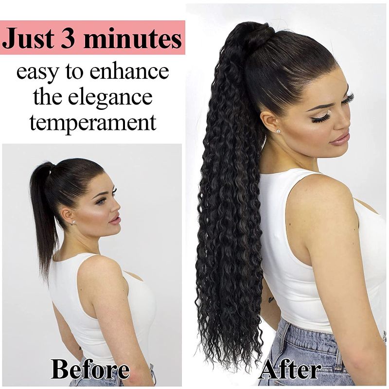 Photo 3 of 30inch Long Corn Curly Wave Drawstring Ponytail Synthetic High Puff Ponytail Hair Pieces With Comb Clip in Black Wavy Ponytail Clip in Hair Extensions (1B)