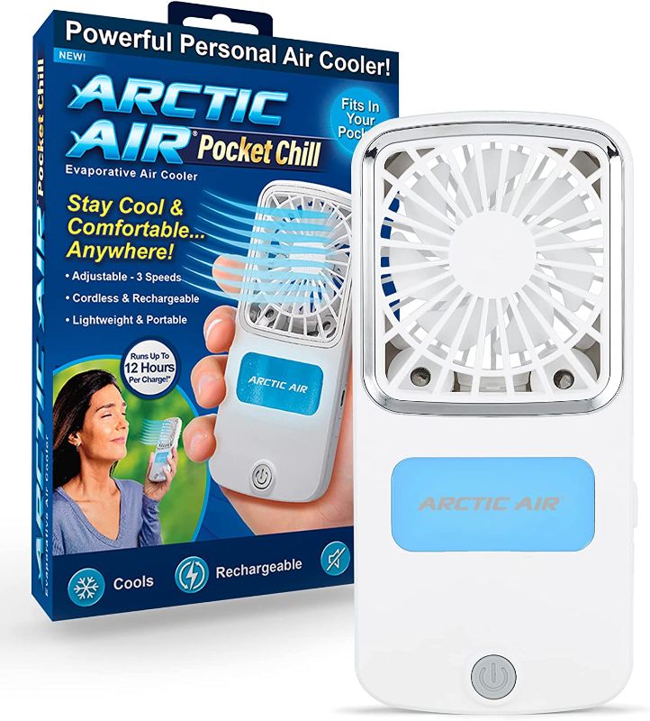 Photo 1 of Arctic Air Pocket Chill Personal Air Cooler by Ontel - Powerful 3-Speed, Lightweight, Portable, Cordless, Rechargeable Personal Cooling Fan with Built-In Kickstand
