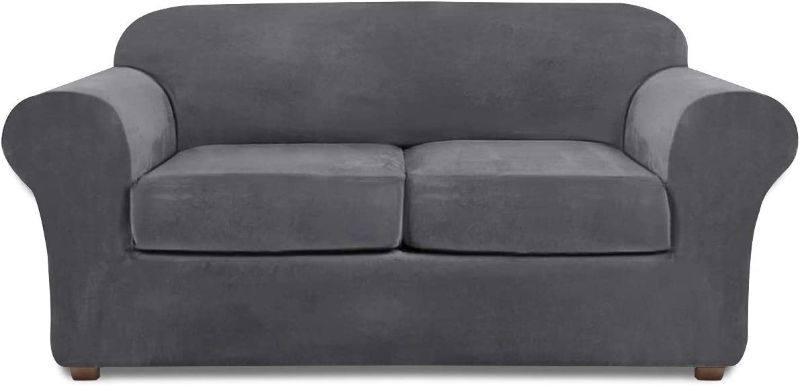Photo 1 of 3 Piece Loveseat Slipcovers for Sofas 2 Pillow Loveseat Covers Stretch Velvet Couch Covers for 2 Cushion Couch Sofa Covers for Living Room Furniture Protector Washable (Gray)
