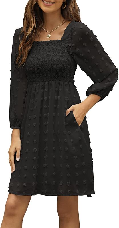 Photo 1 of Annebouti Women Puff Long Sleeve Smocked Swiss Dot Mini Dress with Pockets MEDIUM
