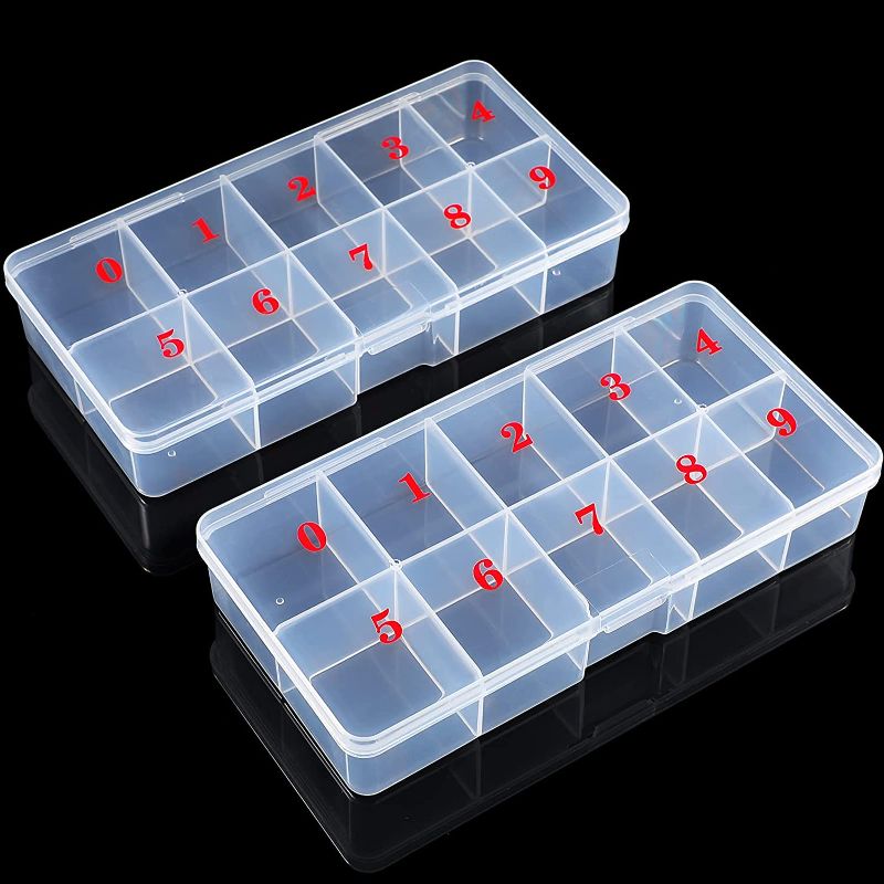 Photo 1 of 2 Pieces Nail Tip Box False Empty Nail Tips Organizer Storage Box with 10 Number Spaces Storage Case Container Nail Box Plastic Grid Box for Fingernail Crystal, Jewelry, Nail Accessories (White)
