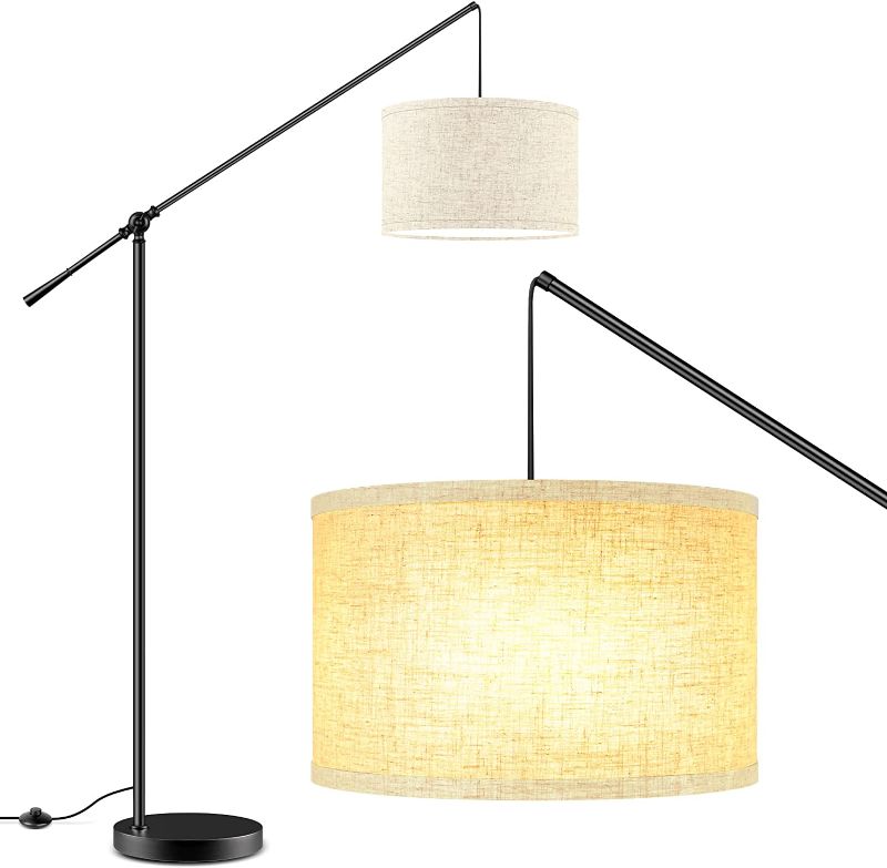 Photo 1 of Arc Floor Lamp with Hanging Drum Shade, Modern Adjustable Floor Lamp for Living Room, Bedroom, Office Over Coach From Behind Reading, Tall Black Pole Bracket Lights with Foot Switch, Beige
