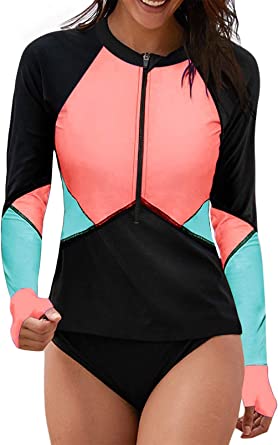 Photo 1 of Aleumdr Womens Zip Front Long Sleeve Rashguard Shirt Color Block Print Tankini Swimsuit No Bottom Size: Medium