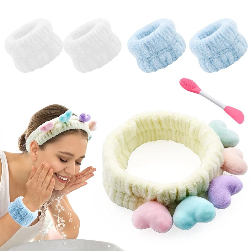 Photo 1 of 6 Pcs Headband for Women Washing Face, 1 Cute Spa Headband 4 Wrist Washband and 1 Double-Ended Face Mask Brush Soft Headband Set Skincare Makeup Headband Prevent Liquid from Spilling Down Your Arms
