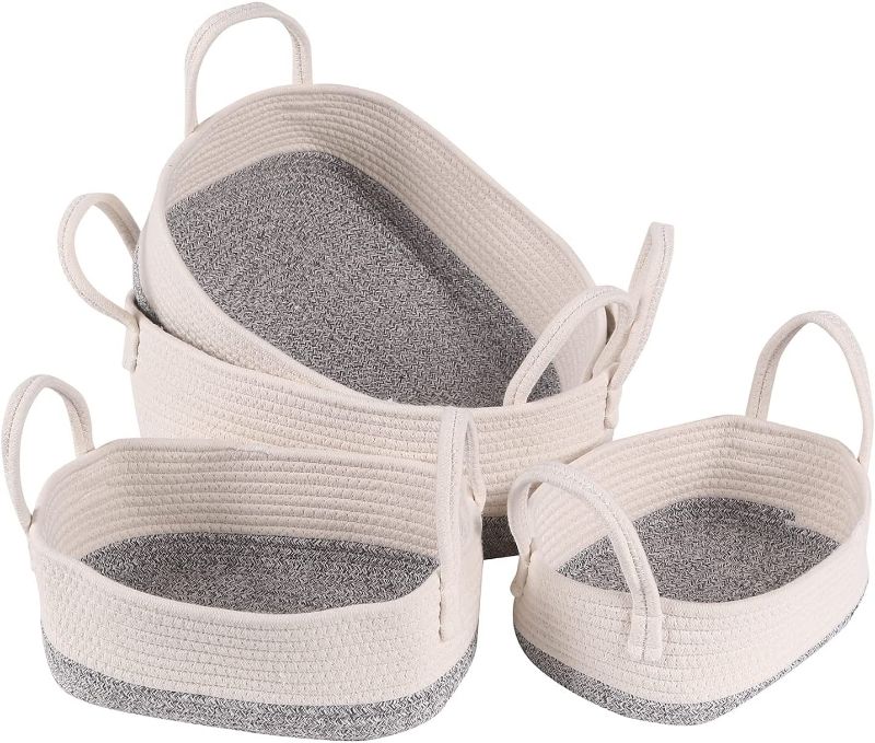 Photo 1 of AkiiGer Cotton Rope Woven Storage Baskets Set of 4, Nursery Storage Baskets, Stackable Cotton Baskets, Cotton Rope Organizer Basket with Handles, White & Gray
