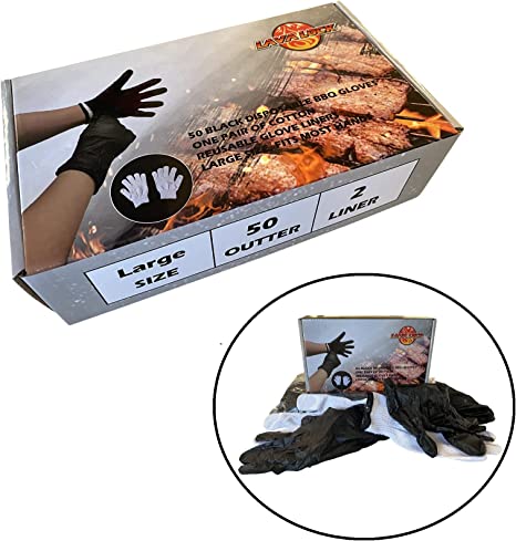 Photo 1 of 50ct Black Nitrile Disposable Gloves with 2 Cotton Liner for Outdoor Cooking, Smokers and BBQ Competition, Chef or Kitchen - 50 Outer/2 Inner Gloves
