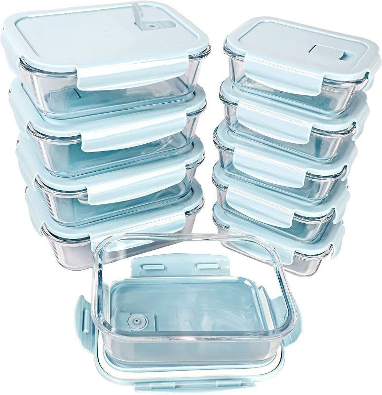 Photo 1 of [10 Packs, 20 Pieces] Glass Food Storage Containers with Lids (Built in Vent), Airtight Meal Prep Containers, Glass Bento Boxes for Home Kitchen, BPA Free & Leak Proof (10 lids & 10 Containers) - Blue
