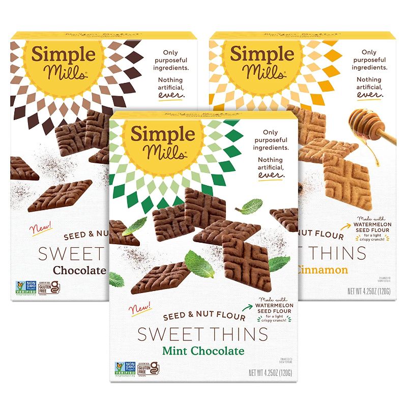 Photo 1 of **EXPIRES JUNE 2022** Simple Mills Sweet Thins Cookies Variety Pack, Seed and Nut Flour (Mint Chocolate Chip, Honey Cinnamon, Chocolate Brownie) - Gluten Free, Paleo Friendly, Healthy Snacks, 4.25 Ounce (Pack of 6)
