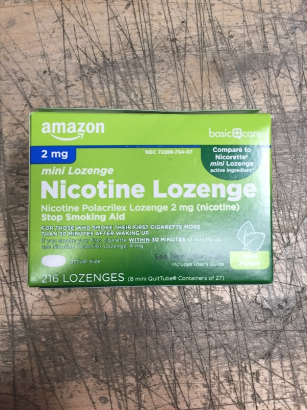 Photo 2 of **EXPIRES AUGUST 2022** Amazon Basic Care Mini Nicotine Polacrilex Lozenge, 2 mg (Nicotine), Stop Smoking Aid, Mint Flavor; Quit Smoking with Mint Nicotine Lozenge, 216 Count
