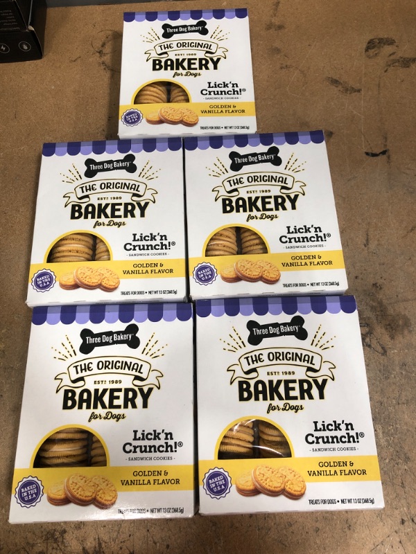 Photo 2 of ***NON-REFUNDABLE**
BEST BY 11/23
5 BOXES
Three Dog Bakery Lick'n Crunch Sandwich Cookies, Golden & Vanilla Flavor, Premium Treats for Dogs, 13 and 8 Ounces
