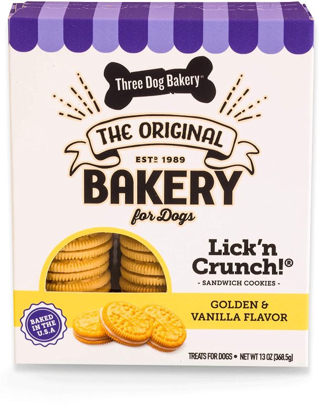 Photo 1 of ***NON-REFUNDABLE**
BEST BY 11/23
5 BOXES
Three Dog Bakery Lick'n Crunch Sandwich Cookies, Golden & Vanilla Flavor, Premium Treats for Dogs, 13 and 8 Ounces
