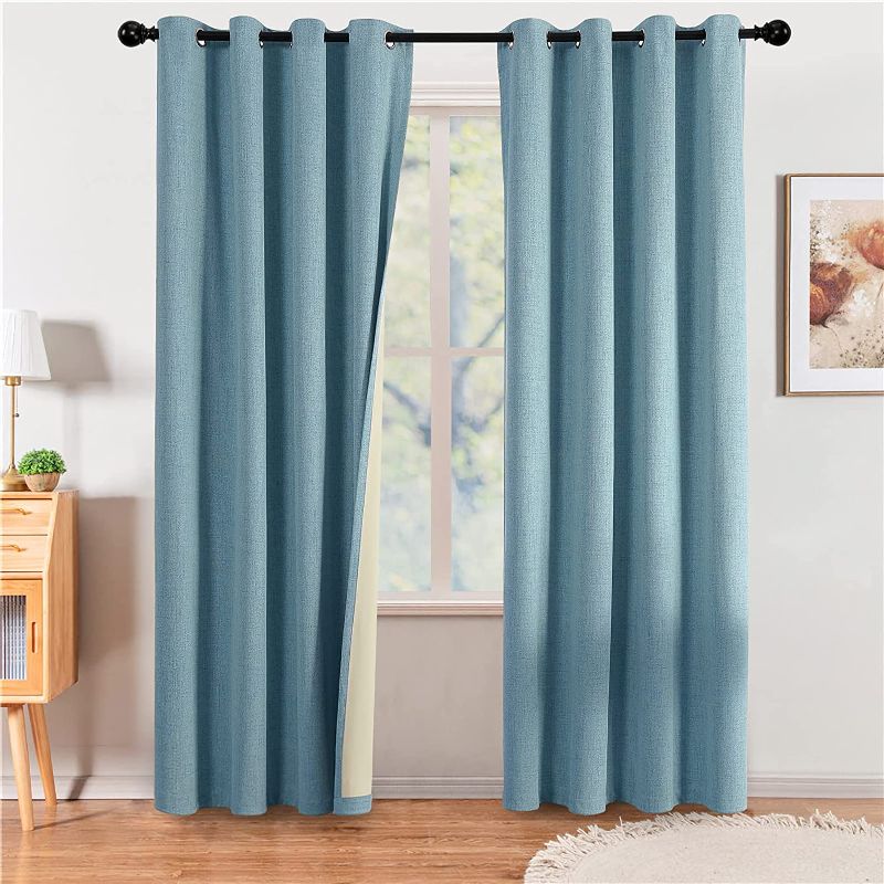 Photo 1 of 100% Blackout Curtains 95 Inches Long Linen Textured Burlap Curtains for Bedroom Thermal Insulated Grommet Linen Look Draperies with Blackout Insulated Liner (2 Panels, 52 x 95 Inch, Blue)
