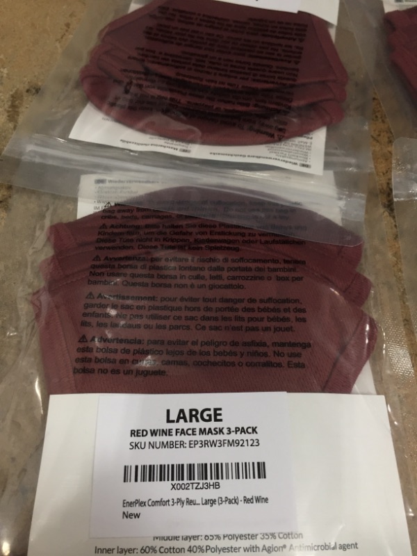 Photo 3 of Bundle of 6 
Cloth Face Masks Large Set of 3 Maroon 