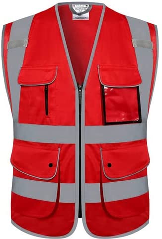 Photo 1 of HATAUNKI Class 2 Retro-Reflection Safety Vests 9 Pockets and Front Zipper ANSI/ISEA 107-2015(Red-3, Large)
