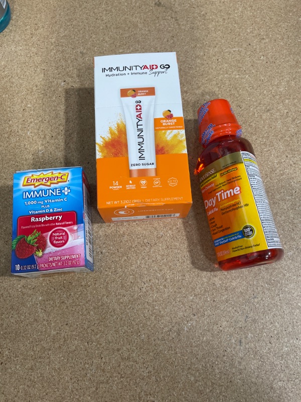 Photo 1 of (EXP 06/23) EMERGEN-C RASPBERRY 10 PACK, IMMUNITY AID GO POWER ZERO SUGAR 14PACK (EXP 07/22), AND GOOD SENSE DAY TIME 12FL OZ 1 PACK (EXP 07/22)