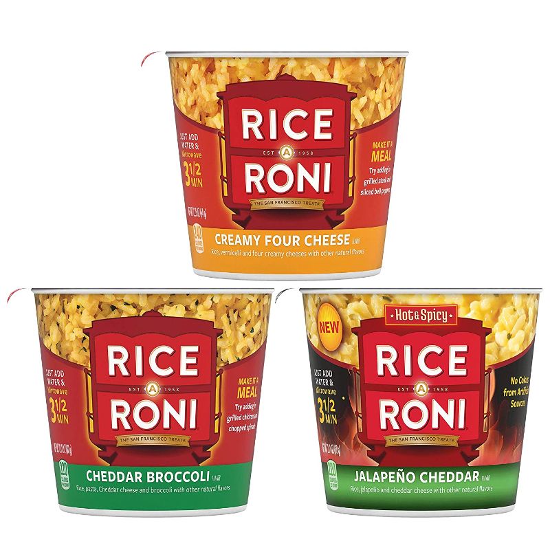 Photo 1 of  exp 6/10/22 Pasta Roni Quaker Rice A, Cheesy Cups Variety Pack
Four Cheese, Cheddar Broccoli & Jalapeno Cheddar