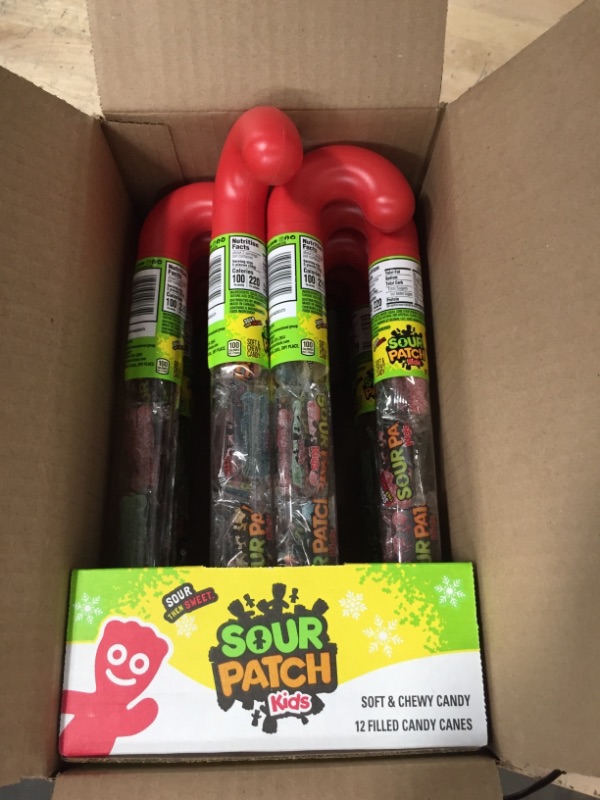 Photo 2 of *EXP:5/30/2022* 12 PACK OF Sour Patch Kids Big Soft & Chewy Holiday Candy Cane Shapeded Tube, 2.09 Oz
