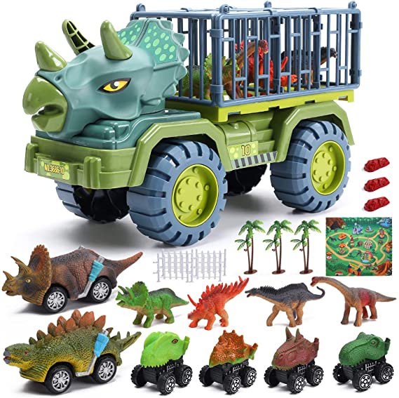 Photo 1 of CUTE STONE Dinosaur Truck for Kids 3-5, Dinosaur Transport Truck with Dinosaur Toys and Play Mat, 2 Friction Powered Cars, 4 Pull Back Dinosaur Cars, Dino Car Playset for Boys
