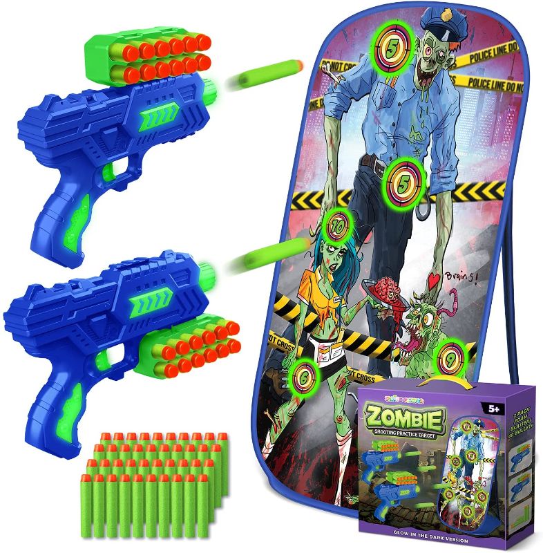 Photo 1 of 3 PACK Shooting Game Toys for 5 6 7 8 9 10+Years Old Boys & Girls,2 Foam Dart Toy Guns and Zombie Shooting Practice Target,Glow in The Dark,Halloween Indoor Activity Game for Kids, Compatible with Nerf Guns
