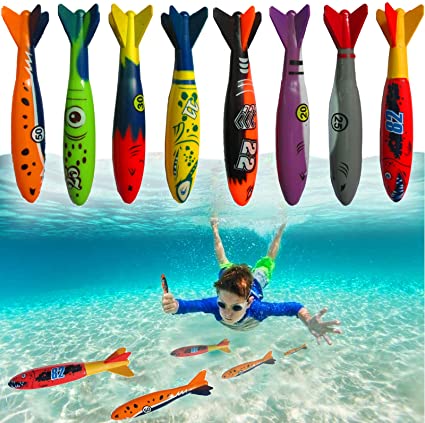 Photo 1 of Haktoys Underwater Diving Torpedo Bandits, Swimming Pool Toy 5” Sharks Glides Up to 20 Feet Fun Water Games for Boys and Girls (Set of 8 Pieces)
