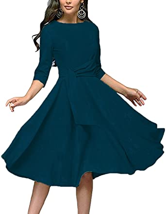 Photo 1 of FENJAR Womens Elegance Audrey Hepburn Style Ruched 3/4 Sleeve Midi A-line Dress, Size US S