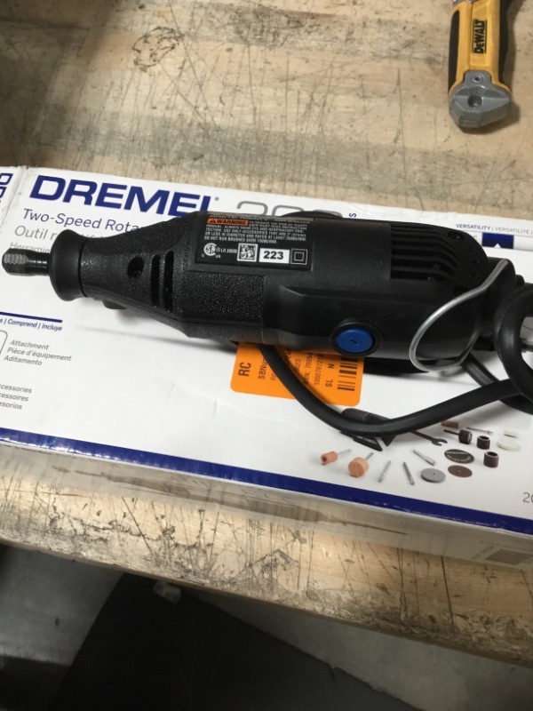 Photo 2 of Dremel
200 Series 1.15 Amp Dual Speed Corded Rotary Tool Kit with 15 Accessories and 1 Attachment **nonfunctional parts only **