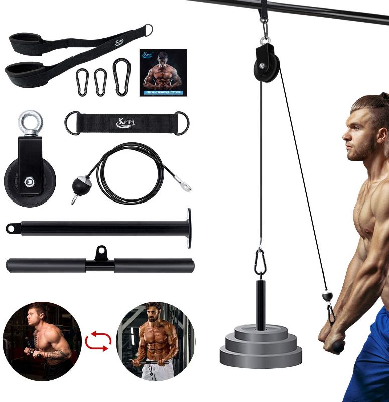 Photo 1 of KMM Pulley System Gym for Weight Training, LAT Pull Down Machine Cable Pulley Attachment Home Gym Workout Equipment with Upgraded Loading Pin, Straight Bar, 