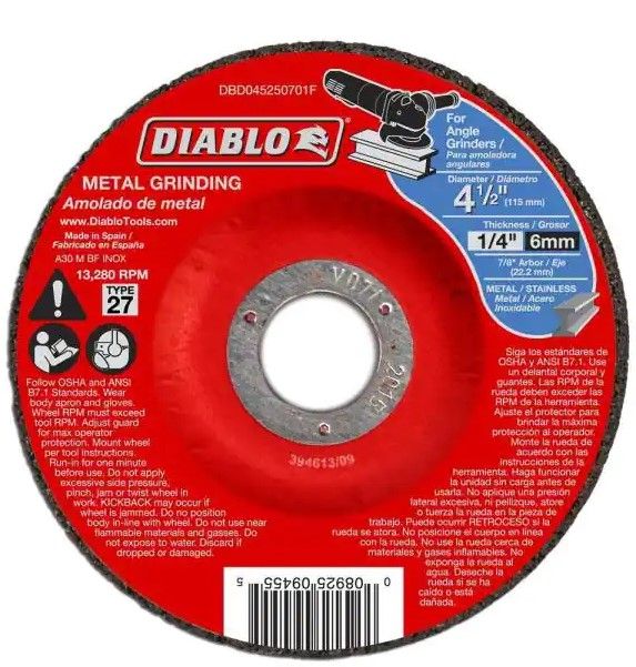 Photo 1 of 
DIABLO
4-1/2 in. x 1/4 in. x 7/8 in. Metal Grinding Disc with Type 27 Depressed Center 10 pack 