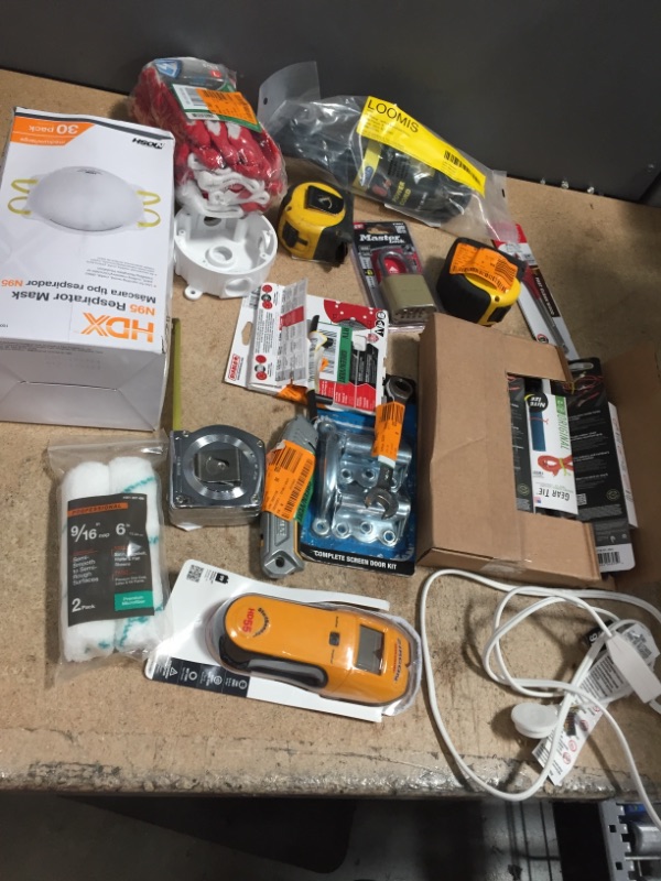 Photo 1 of **NOT REFUNDABLE** BUNDLE OF ASSORTED MISC HOME DEPOT HOME GOODS, TOOLS, PLUMING ETC.. (FACEMASK, GLOVES, TOOLS ETC..)