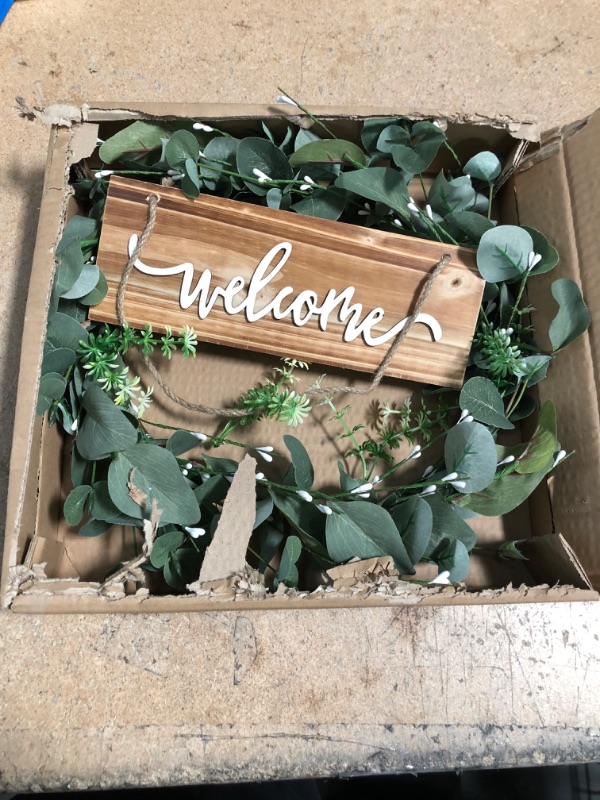 Photo 2 of Artificial Front Door Wreaths, 18 Inch Green Eucalyptus Leaves Wreath Decorations with Welcome Letter, for Home Wall Porch Spring Summer Holiday ?Indoor/Outdoor Decor.
