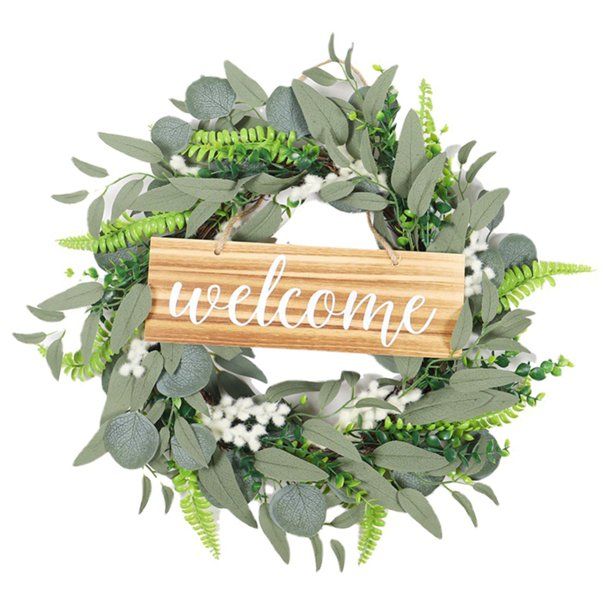 Photo 1 of Artificial Front Door Wreaths, 18 Inch Green Eucalyptus Leaves Wreath Decorations with Welcome Letter, for Home Wall Porch Spring Summer Holiday ?Indoor/Outdoor Decor.
