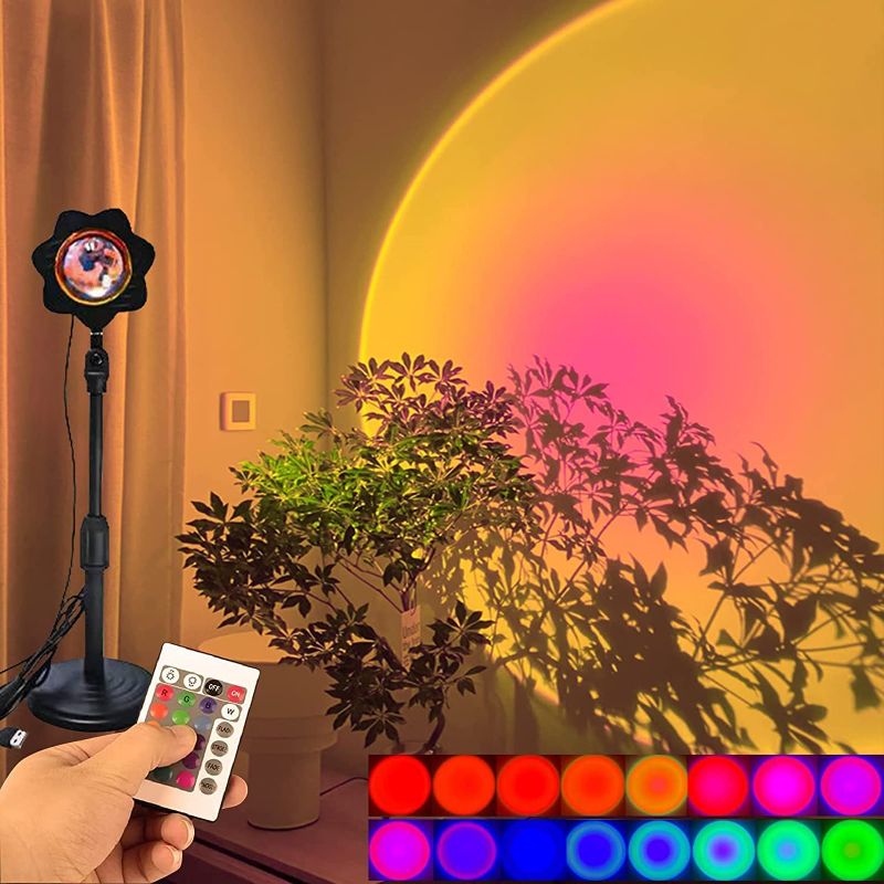 Photo 1 of Sunset Lamp with 16 Colors,Sunset Projector Lamp Rainbow,Sunlight Lamp for Photography-Party-Home-Bedroom,TIK tok 180 Legree Rotation USB Sunset UFO Night Light with Remote
