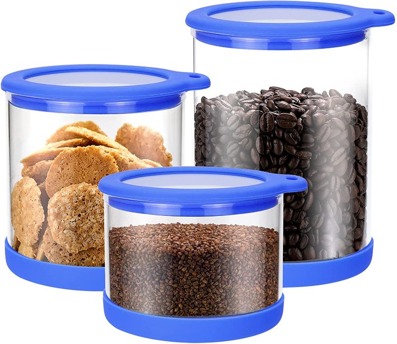 Photo 1 of **NONREFUNDABLE BUNDLE OF MR. CHOU Glass Storage Containers Set, Large Airtight Glass Jar with Silicone Lid and Pad, Kitchen Glass Canisters for Pasta, Candy, Snack, Leaf Tea, Coffee Bean, Dry food, Set of 3, SET OF 4 DRINKING GLASSES AND, WINE TUMBLER**