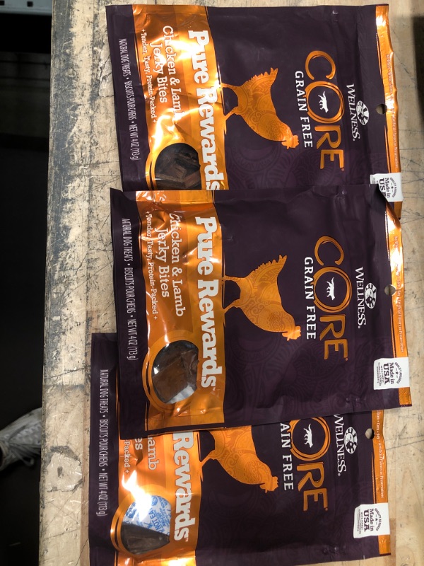 Photo 2 of **best by : July31,2022**
Wellness CORE Power Packed (Previously Pure Rewards) Natural Grain Free Jerky Bites Dog Treats, Chicken & Lamb Recipe, 4-Ounce Bag
3 pack 
