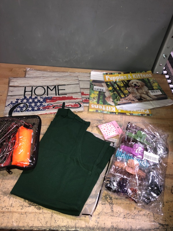 Photo 1 of **BUNDLE OF MIXED ITEMS-HOME DECOR PILLOW CASES/CALENDARS/XMAS NAIL STICKERS/WOMENS GREEN SHIRT SIZE M/FISIHNG KIT/HAIR CLIPS**