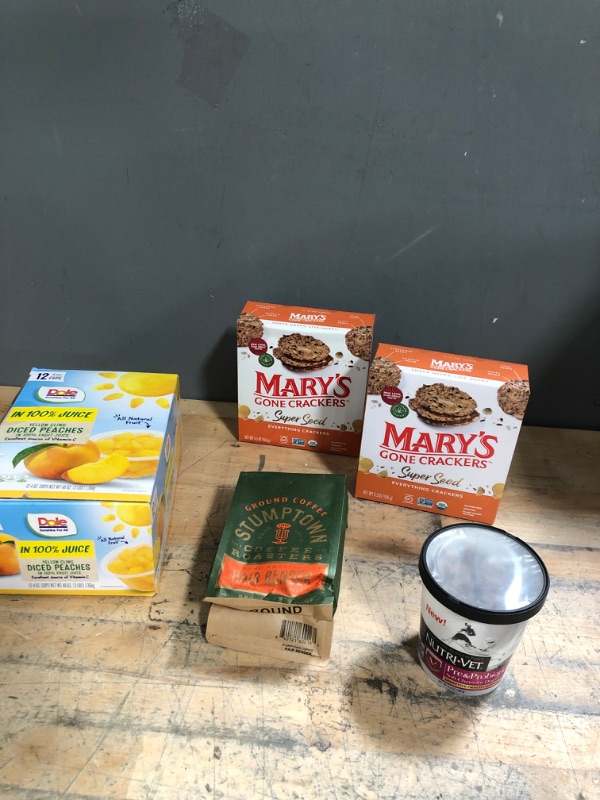 Photo 1 of **BUNDLE OF SNACKS - NO RETURNS- DICED PEACHES BEST BY 6/22-COFFEE BEST BY 6/22-MARYS CRACKERS BEST BY 7/22-DOG TREATS BEST BY 2/23**