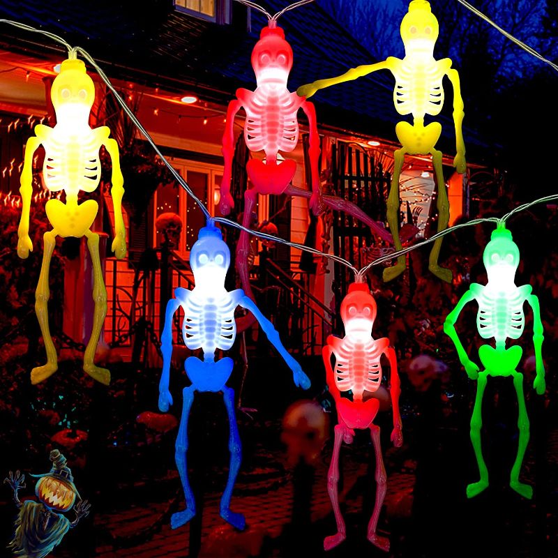 Photo 1 of KNONEW Halloween Skeleton String Lights, 9.84ft 20 LED Battery Operated Halloween Lights with 2 Lighting Modes (Flash/Steady On) for Indoor Outdoor Decorations (Multicolor, 1 Pack)
