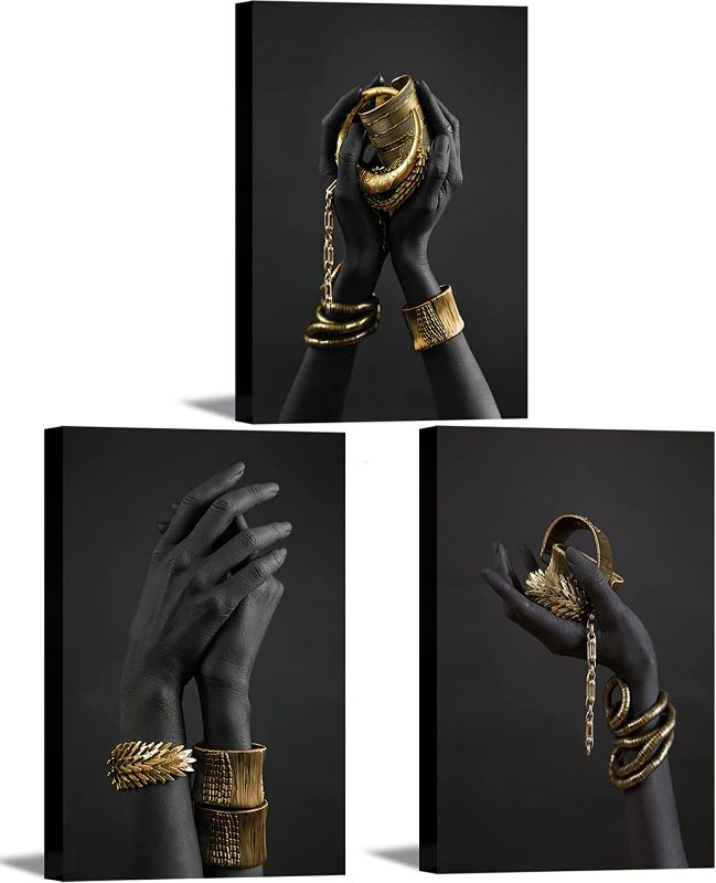 Photo 1 of 3 Piece African American Canvas Wall Art Black Woman Portrait Photography Gold Jewelry Necklace Bracelet Pictures Artwork Painting Poster Prints Modern Art Decor for Living room Bedroom Home Decor
