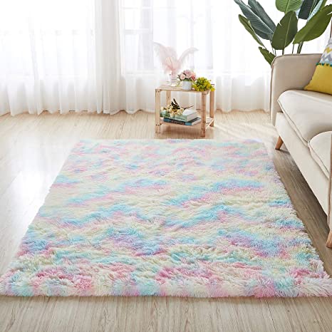 Photo 1 of 4x6 Rainbow Carpet for Living Room Soft Luxury Bedroom Fluffy Room Area Rug Shaggy Girls Comfy Mat
