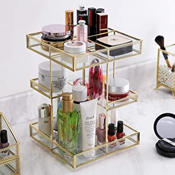 Photo 1 of 360 Degree Rotation Glass Makeup Organizer?Perfume Display Case and Cosmetic Storage ?Great for Bathroom, Dresser, Countertop ?gold?? 7.8 x 7.8 x 11 inches
